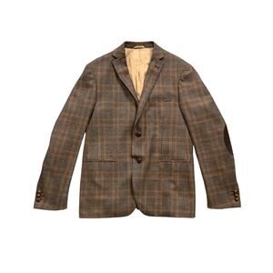 Frank & Oak Blazer Mens 40 Wool Blend Laurier Fit Brown Plaid Elbow Patch Notch